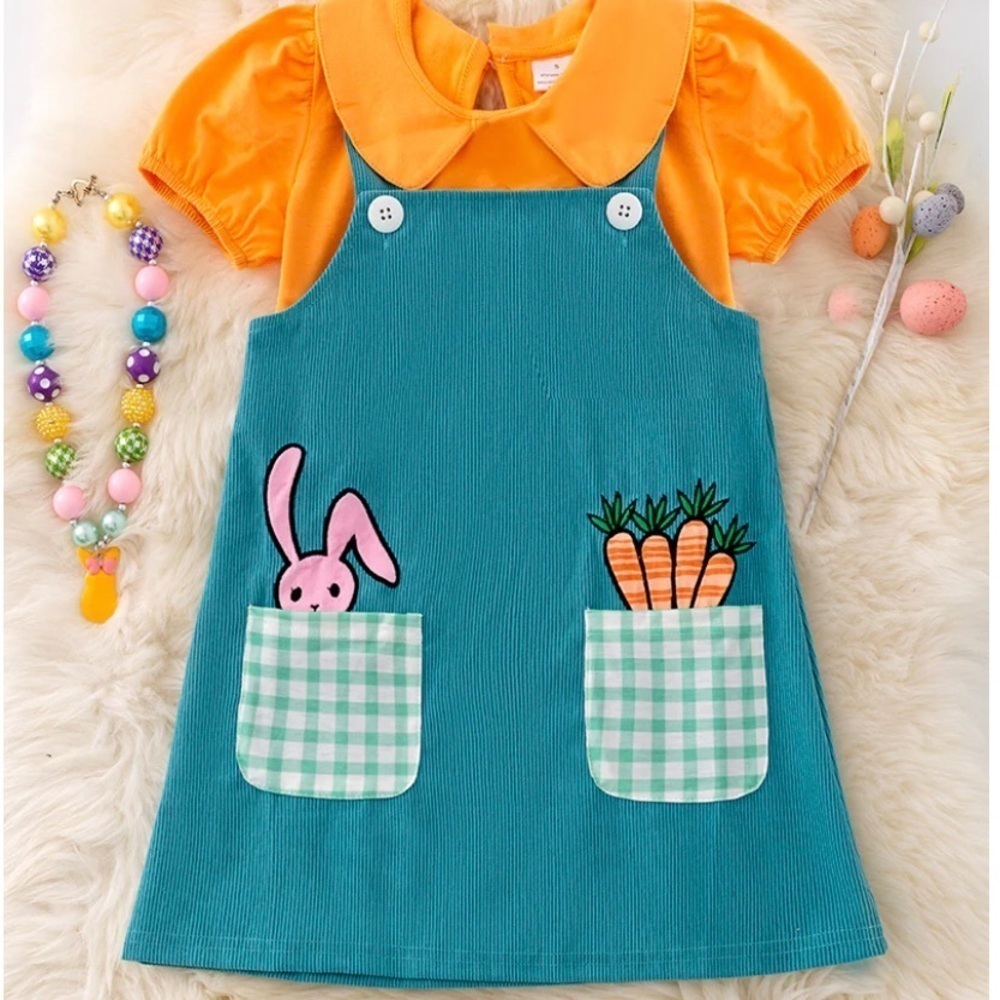 Girls Easter Appliquéd Overall Dress Shirt Set
